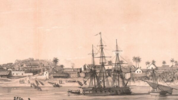 Vue de Dzaudze, prise en août 1845 de la grande rade, en face de l'entrée principale. Dessiné d'après nature par M. Varney.