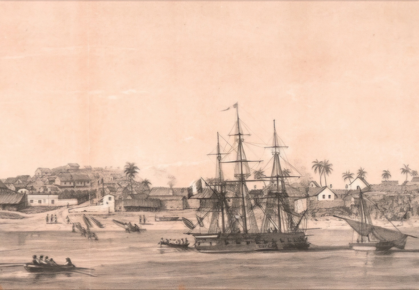 Vue de Dzaudze, prise en août 1845 de la grande rade, en face de l'entrée principale. Dessiné d'après nature par M. Varney.