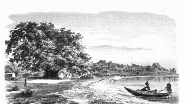 Vue sur la plage d'Itsandraya Mdjini, avec son célèbre baobab et une portion du fort, en avril 1864, image capturée par Otto Kersten.