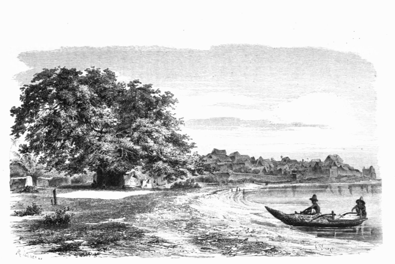Vue sur la plage d'Itsandraya Mdjini, avec son célèbre baobab et une portion du fort, en avril 1864, image capturée par Otto Kersten.