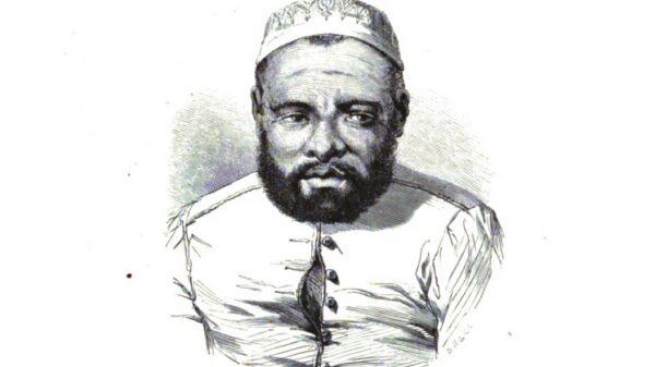 Andriantsuli bin Uza, sakalava né Tsilevaluha (1795-1845), ancien sultan de Maore. Dessin de Lebreton en 1844.