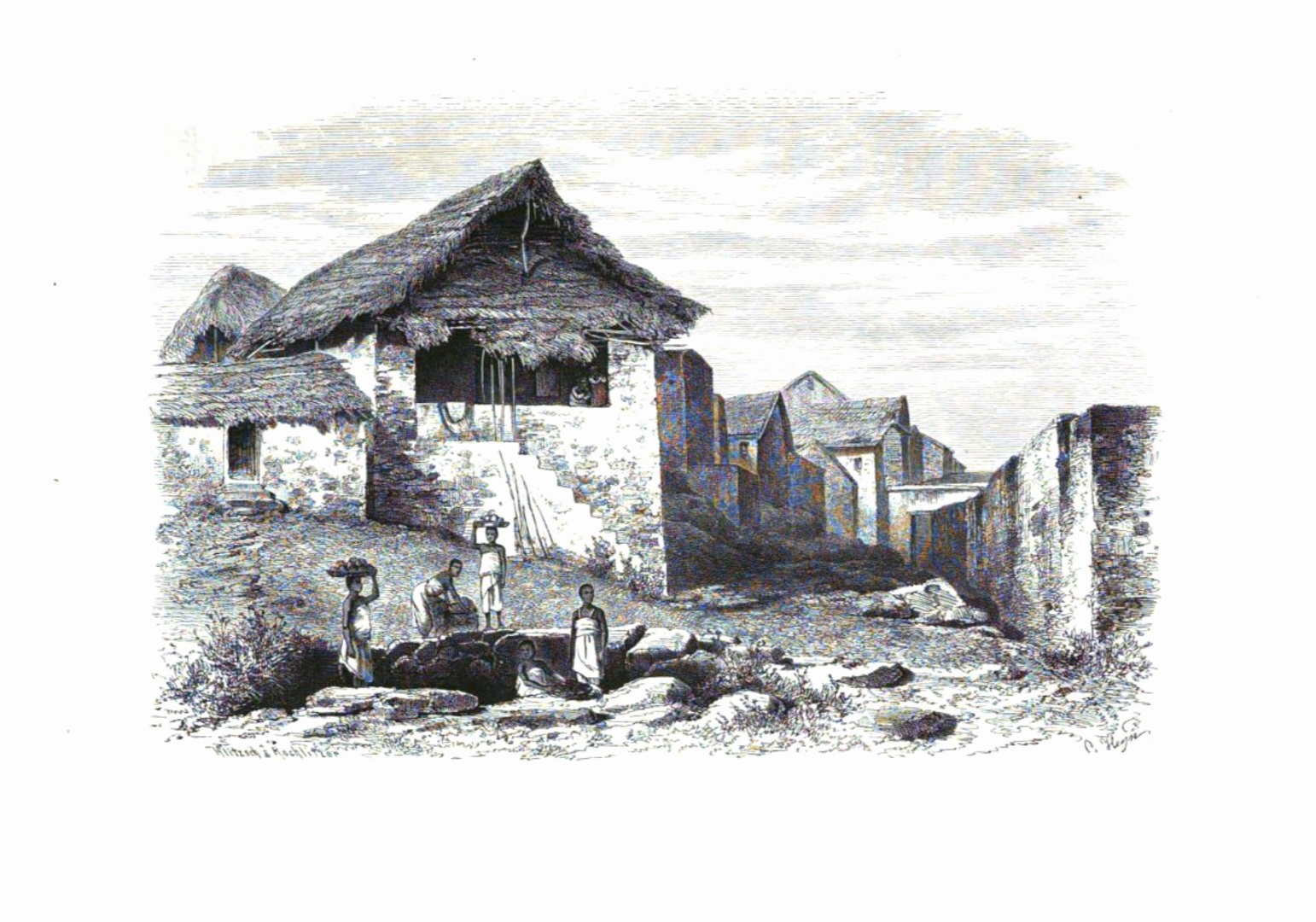 Des femmes rassemblées près d’un puits à Itsandraya Mdjini, derrière une petite mosquée au toit de paille, en avril 1864, image capturée par Otto Kersten